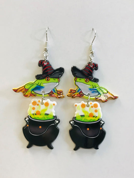 Wicca Cauldron Witchy Frog Earrings