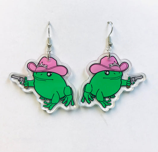 2pairs Acrylic Cowboy Frog Earrings, Bang Bang Frog