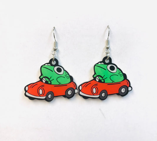 2prs Green Frog driving Fun Acrylic  Frog in Red Car Earrings