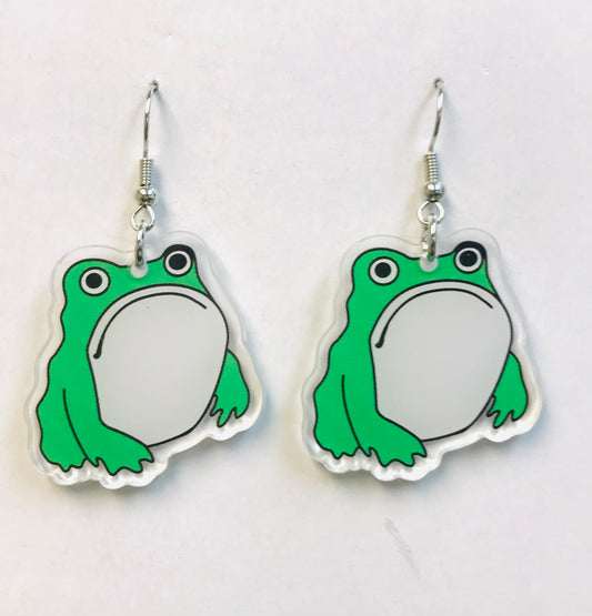 2prs Green Grumpy Toad Frog Earrings