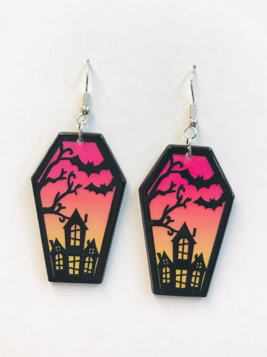 2pairs Haunted Castle  Bat Coffin Earrings
