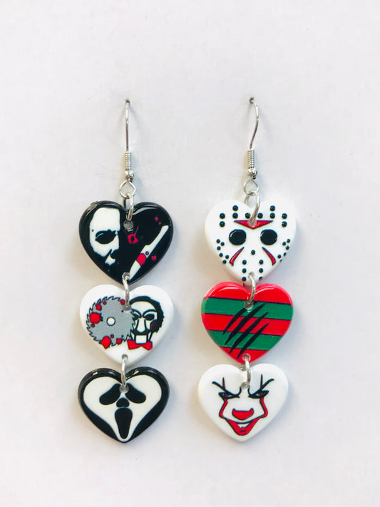 Triple Dangle hearts Horror Dangling Heart Goth Earrings Gift