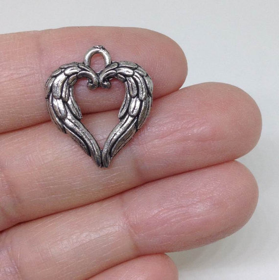 5 Angel Wing Heart Charms