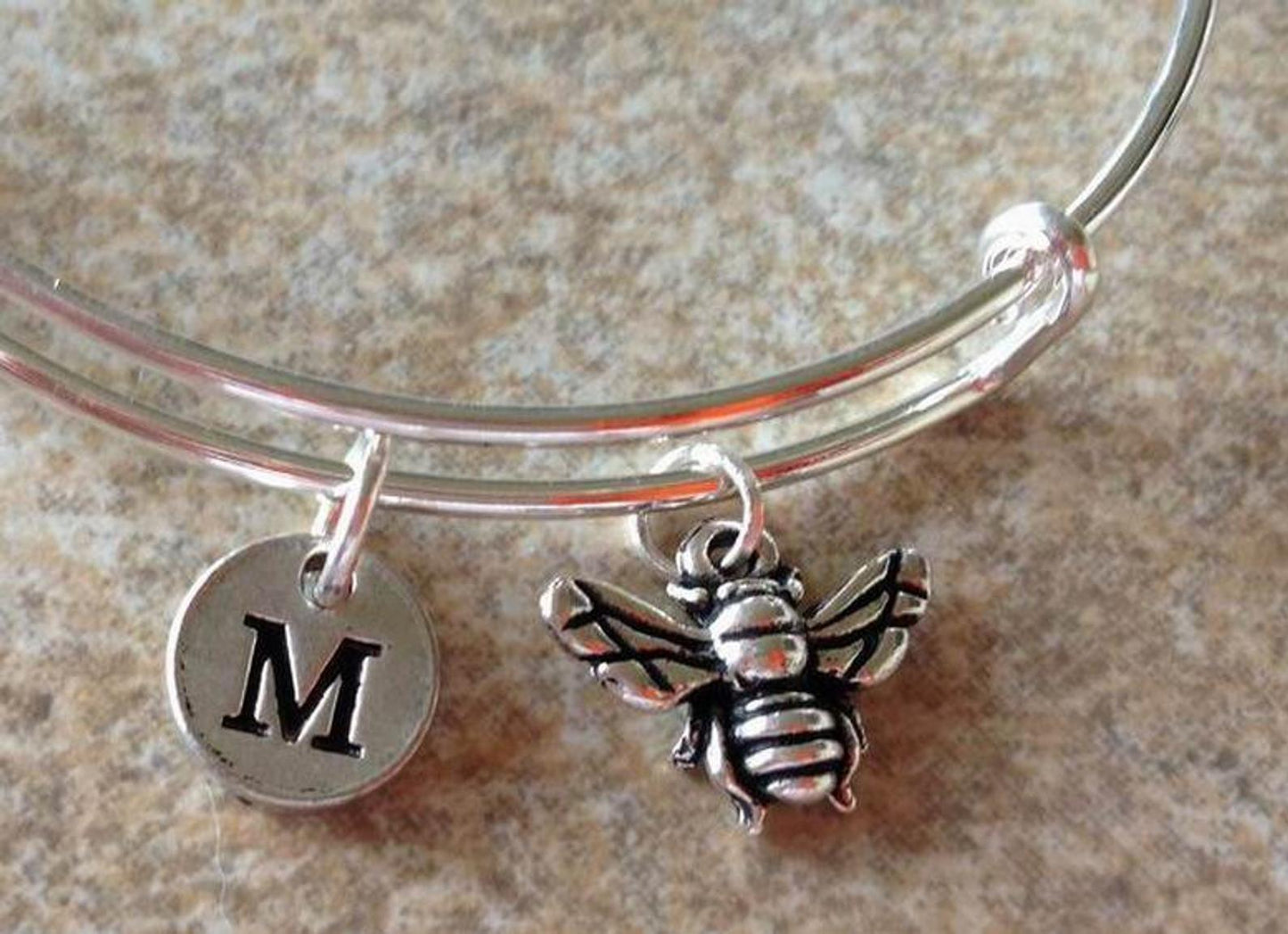 Bee  Charm Personalized Initial  Bangle