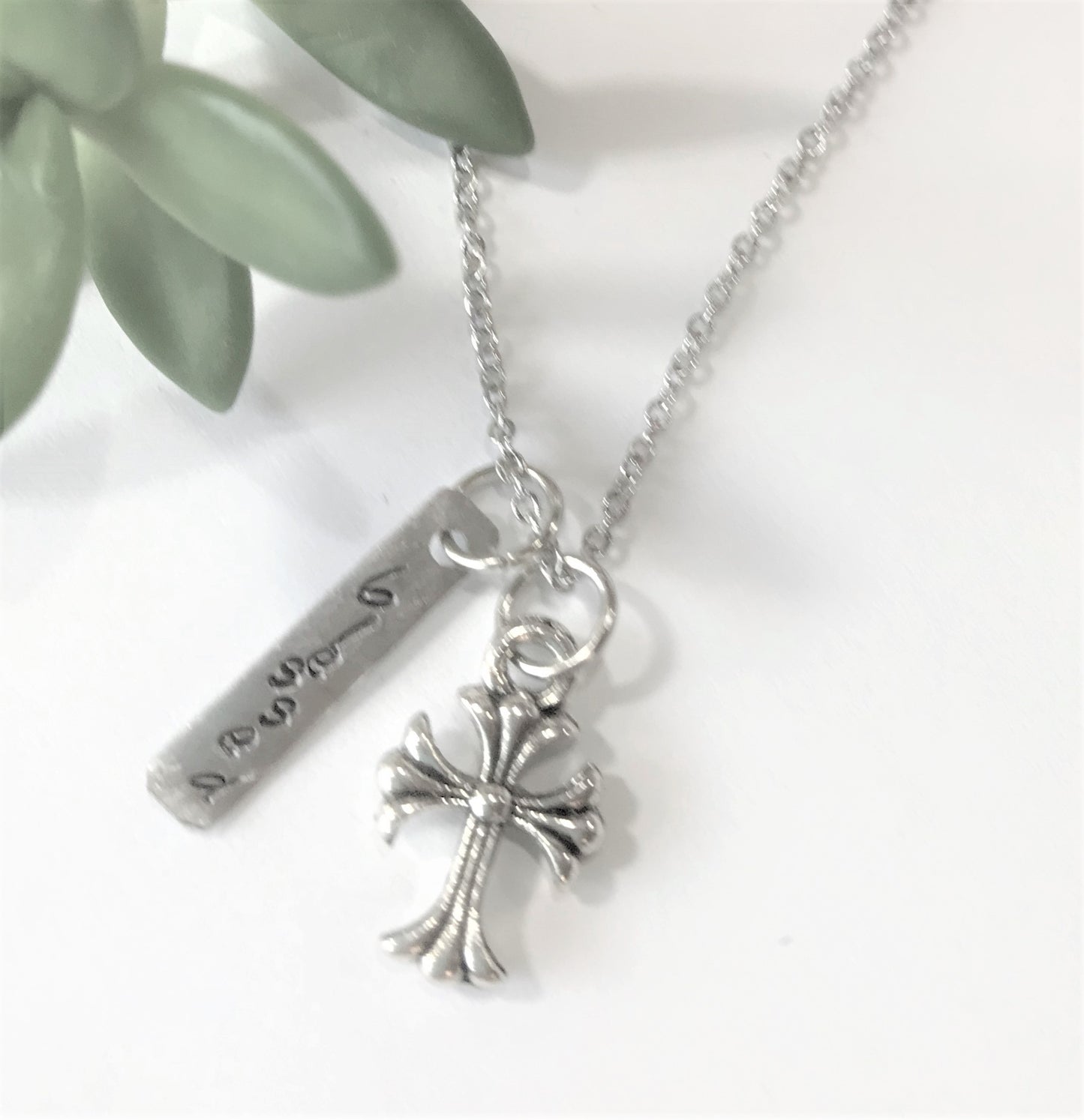 Blessed Cross Charm Necklace Hand Stamped
