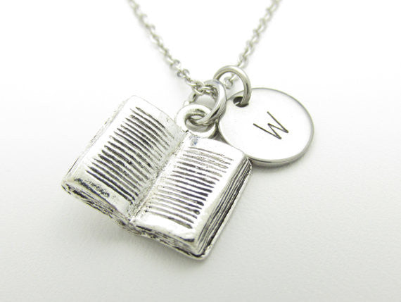 Book Nerd Charm personalized initial Necklace