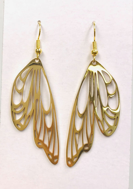 Gold Butterfly Wing Moon Phase Earrings, Dragonfly Wing Fantasy Earrings