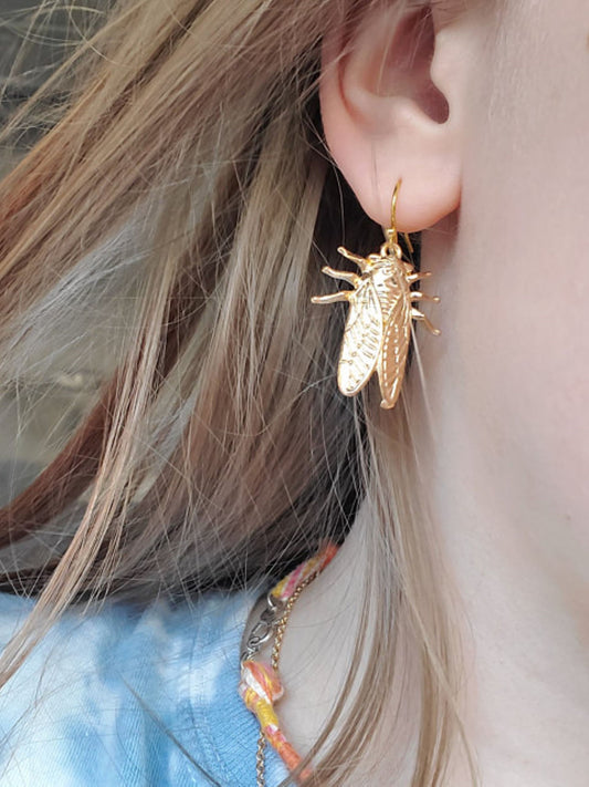 Gold Bug Novelty Earrings, Cicada Jewelry