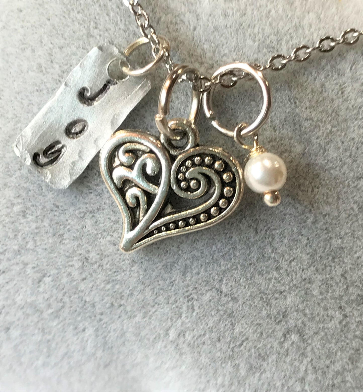 Joy Heart Pearl Charm Necklace - Hand Stamped Joy Charm