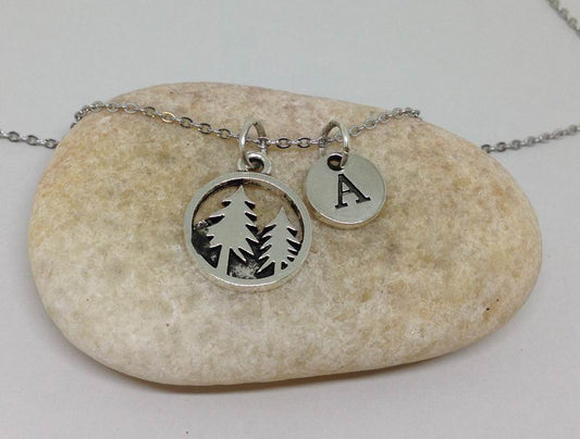 forest tree charm intial necklace