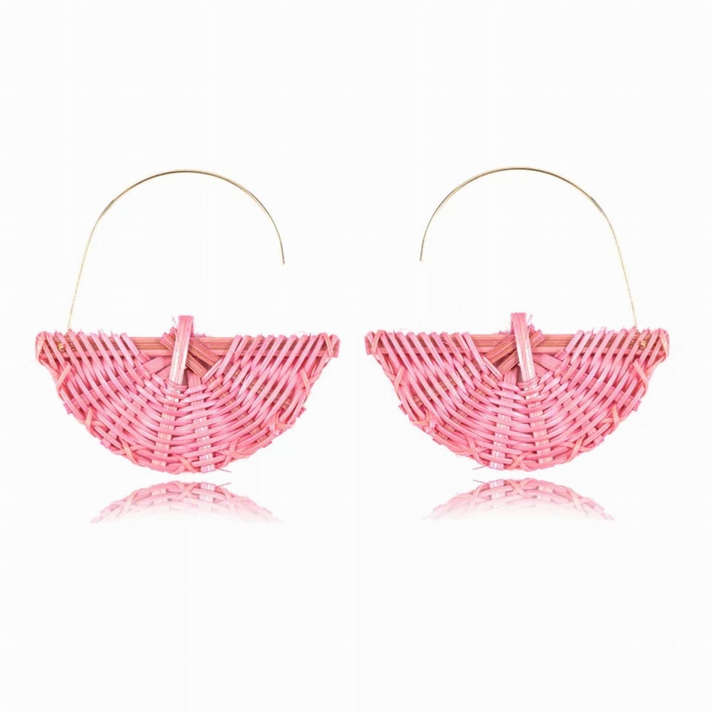 Pink Rattan Earrings, Fan Shape Woven Earrings