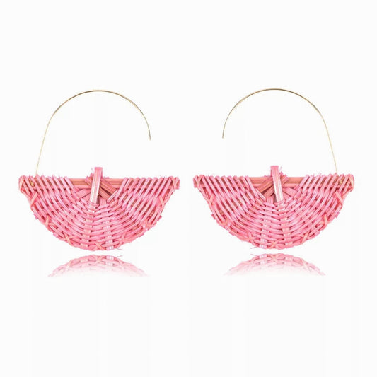 Pink Rattan Earrings, Fan Shape Woven Earrings