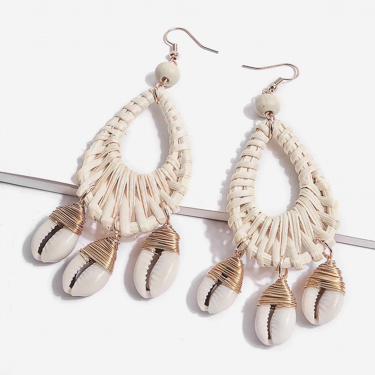 Rattan Chandelier Tassel Seashell Earrings