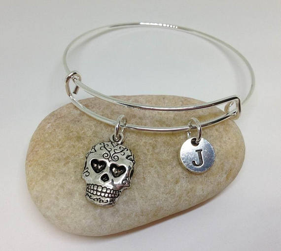 Sugar skull Charm Initial bangle bracelet