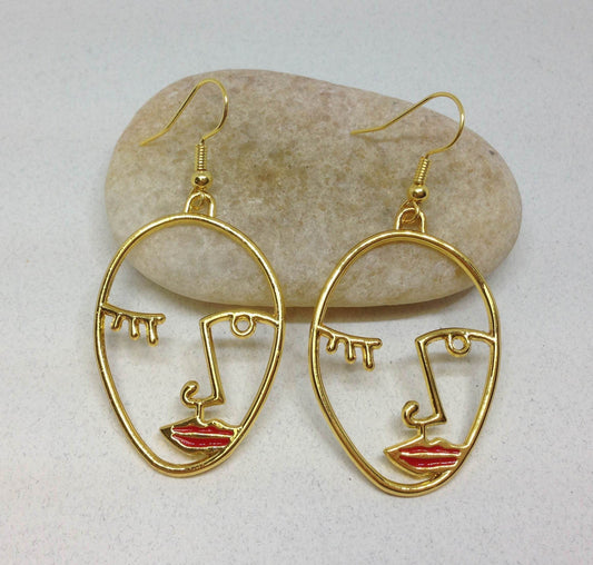 Red Lips Picasso Face Earrings