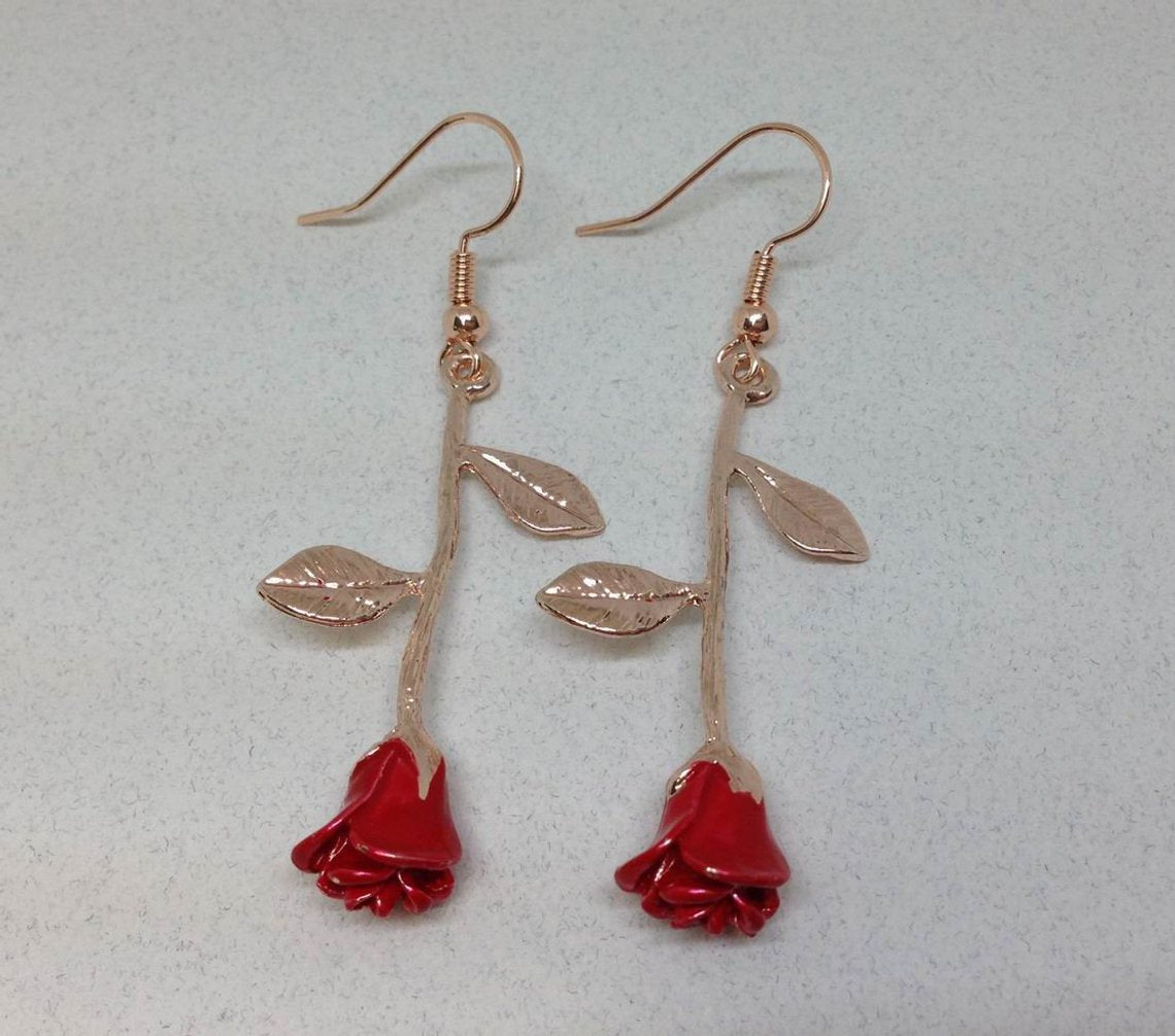 Red Rose Earrings, Beauty and Beast Gift
