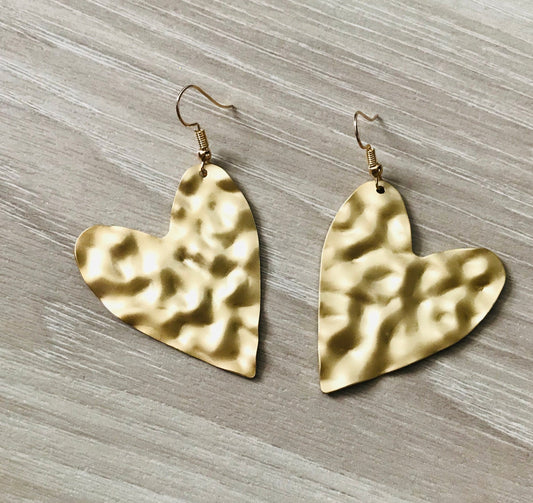 Gold Heart Texture Metal Dangle Earrings