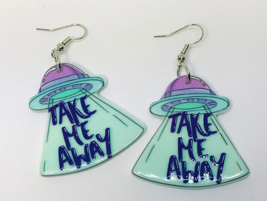 2 UFO Alien Take Me Away Acrylic Earrings