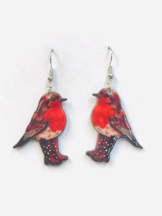 2prs Red Bird Earrings, Red Robbin Wearing Boots Earrings