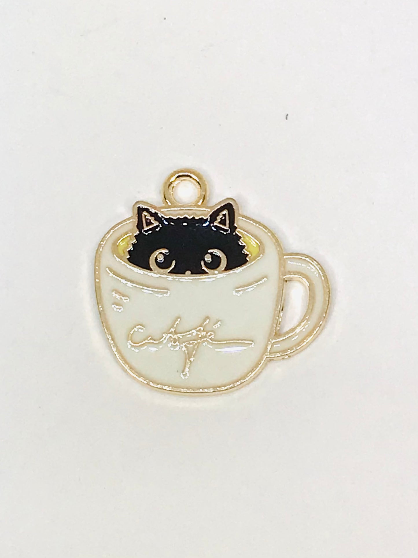 4 Wholesale Black Cat In White Coffee Cup Charm