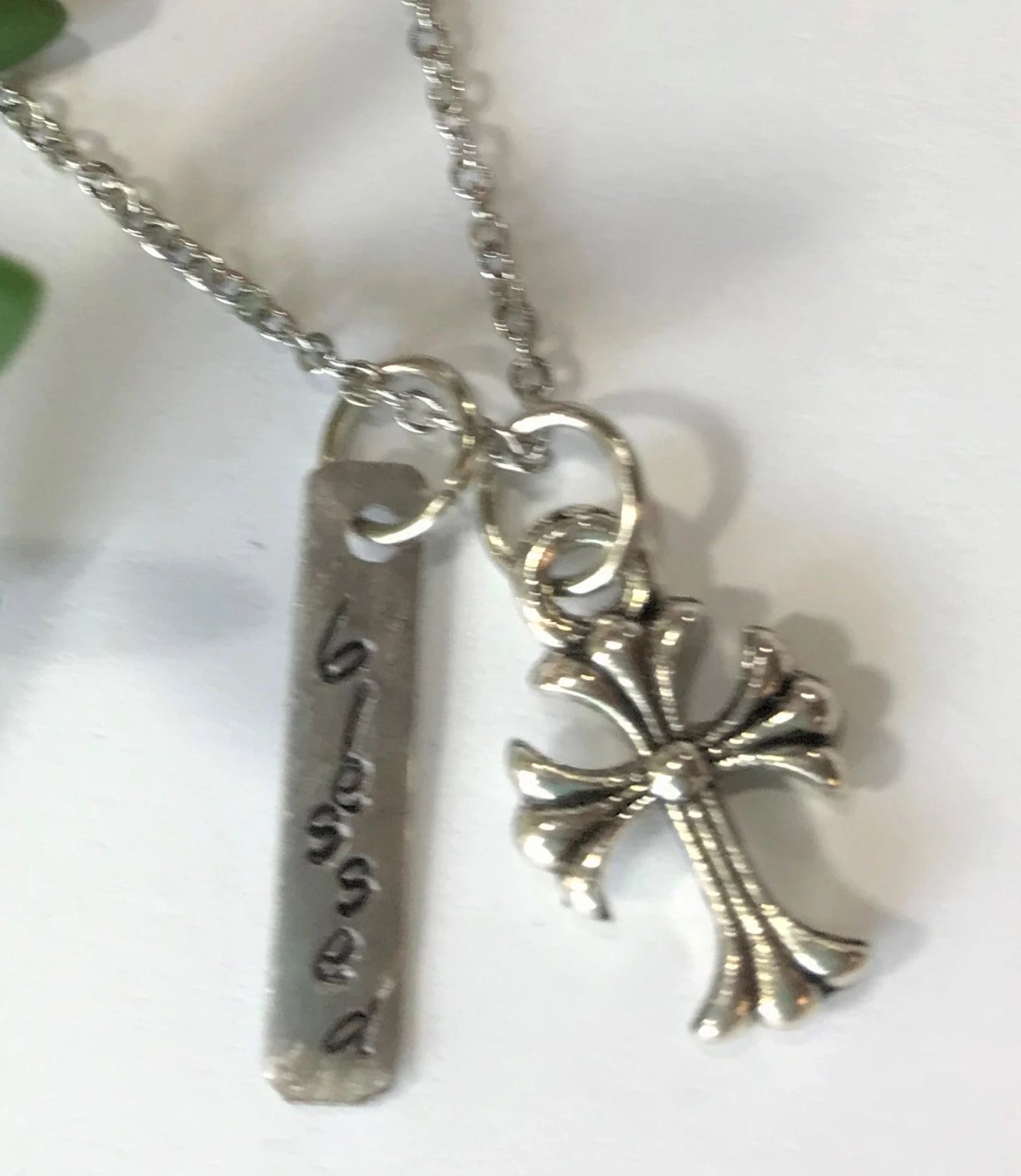 Blessed Cross Charm Necklace Hand Stamped