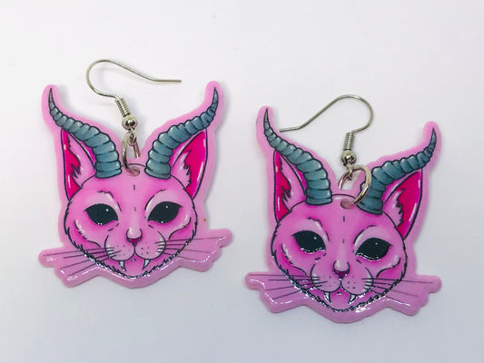 Pink Cat With Horn Acrylic Earrings