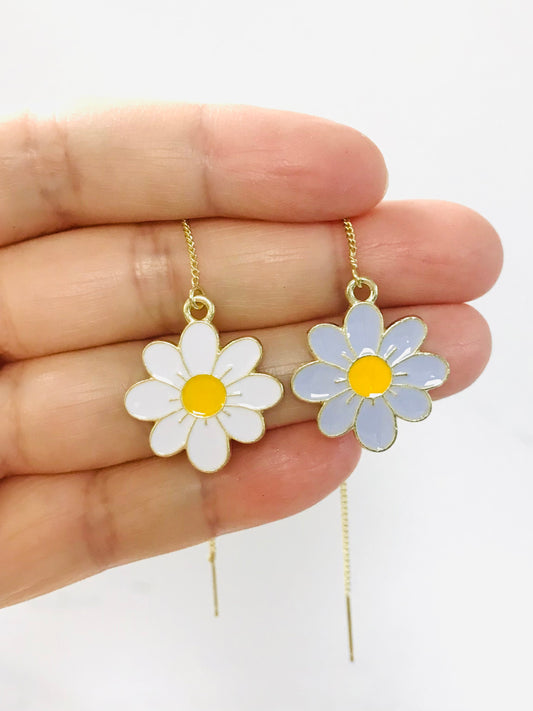 White and Lavender Cherry Blossom Daisy Flower Threaders Earrings
