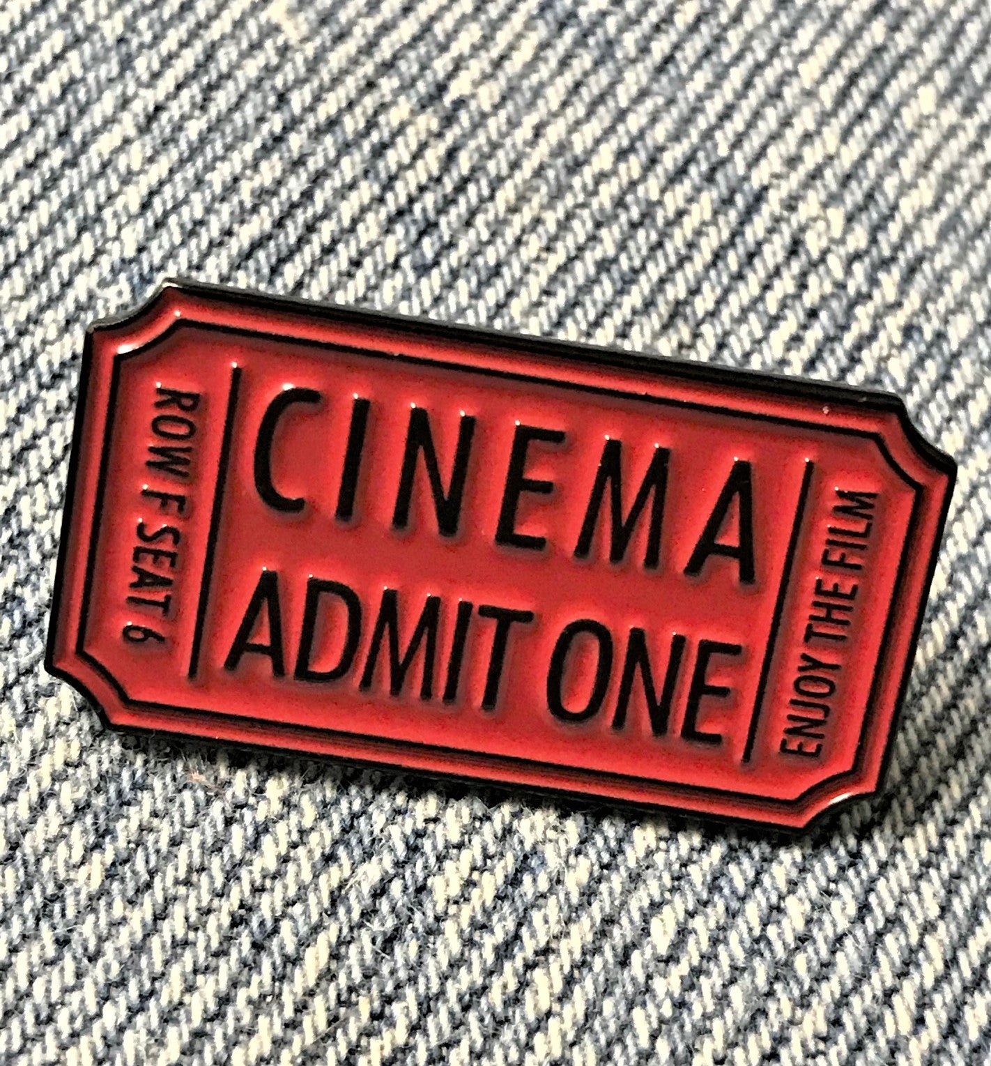 Red Cinema movie Ticket Admit one Enamel Pin
