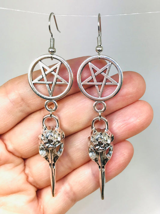 Pentagram and Crow Skull Earrings Gothic