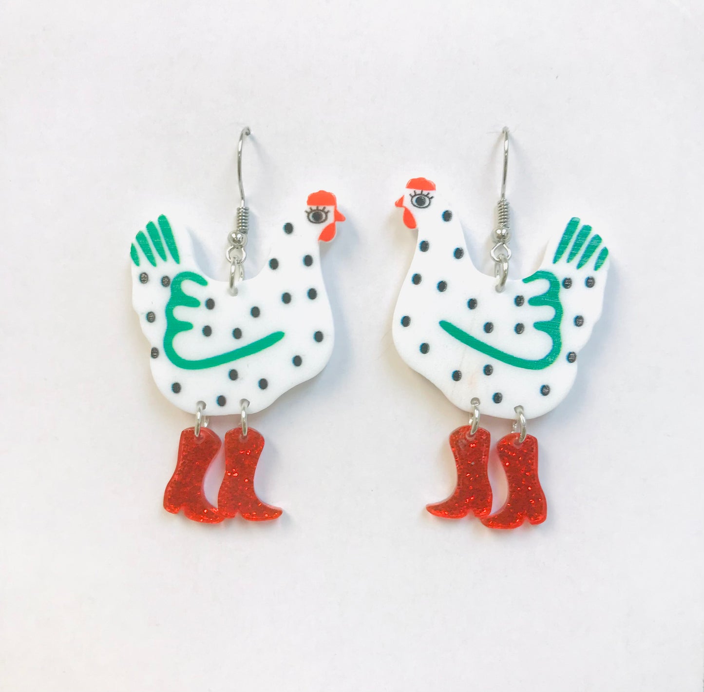 2 Acrylic Hen Chicken Wearing Boots Earrings Rooster