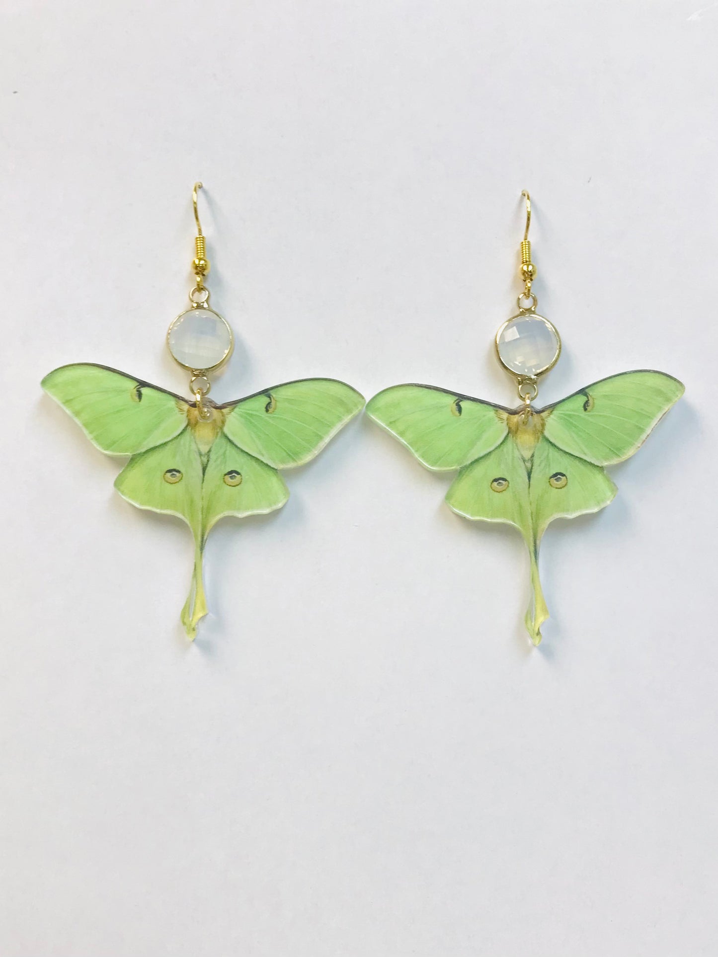 2 Acrylic Green Moth Earrings, New Beginning Earrings