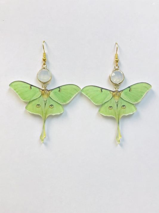 2 Acrylic Green Moth Earrings, New Beginning Earrings