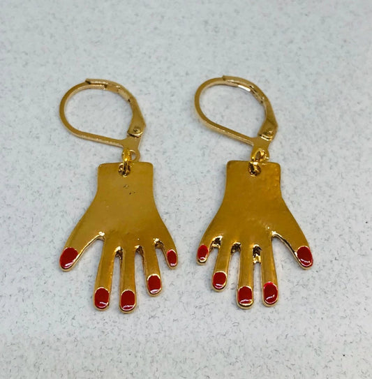 Hand Earrings, Red Fingernail Earrings