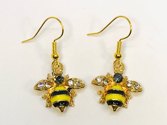 Enamel Rhinestone Bee Earrings, Bumble Bee Earrings