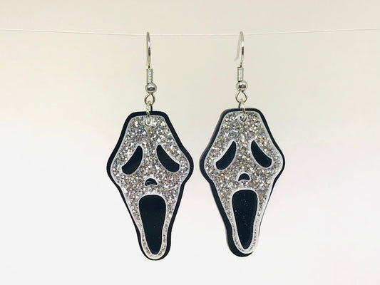 Ghost Face Acrylic Earrings Halloween silver glitter dangle earrings
