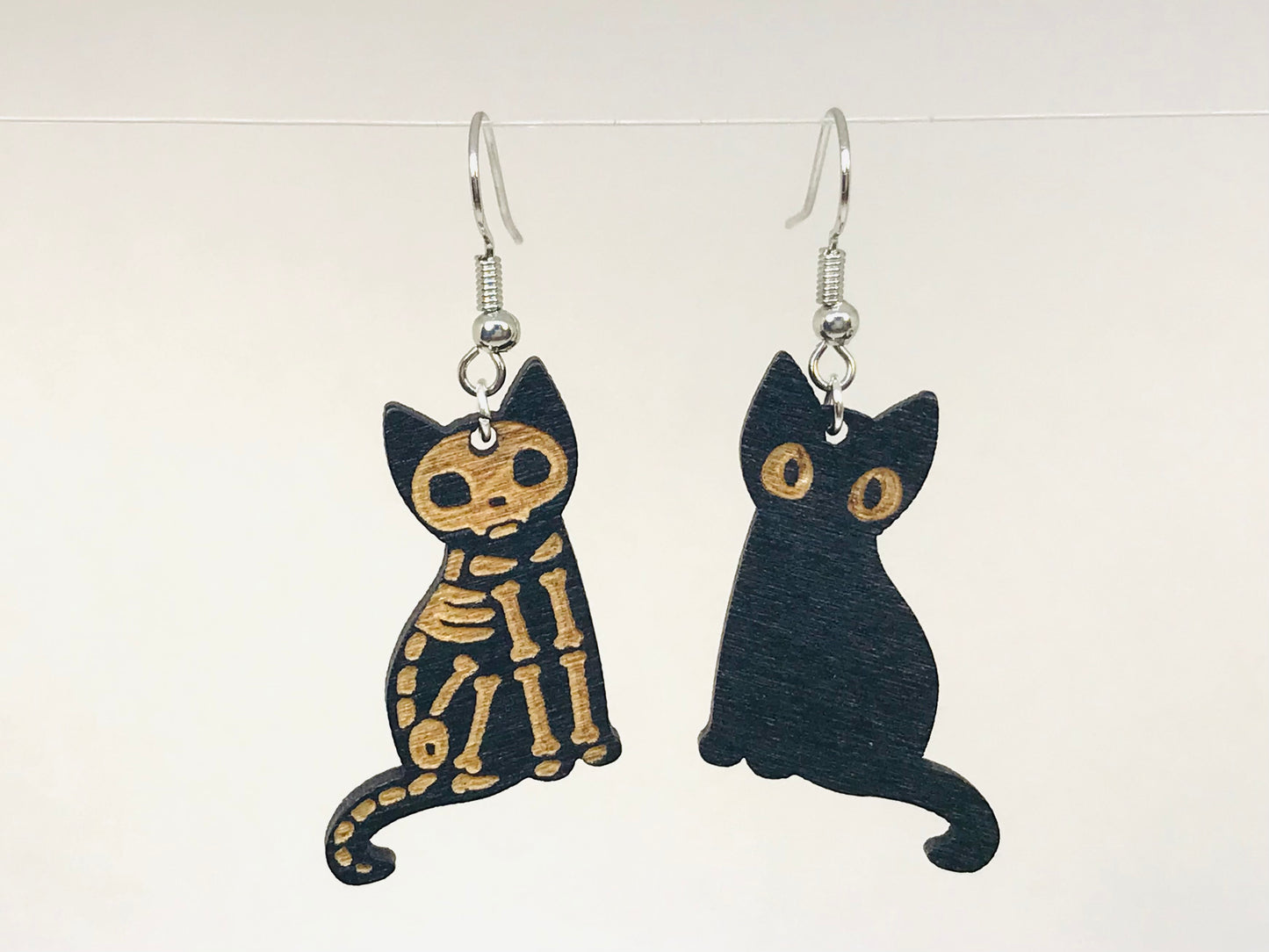 2 Black Cat Wood Engraving Earrings