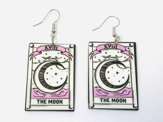 2 White Tarot Card The Moon Acrylic Earrings Witch