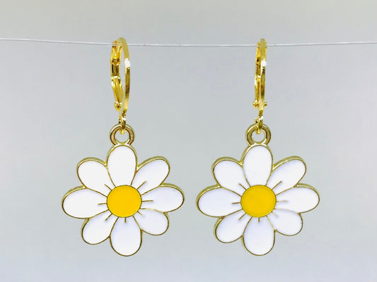 White Cherry Blossom Daisy Flower Huggies Earrings