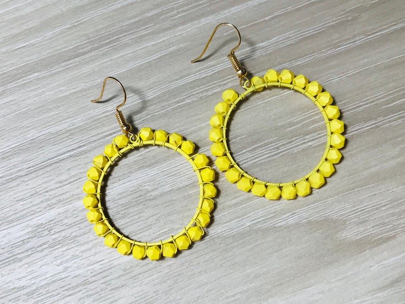Yellow Circle Woven Hoop Earrings