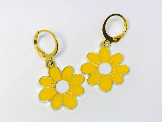 Yellow Cherry Blossom Daisy Flower Huggies Earrings