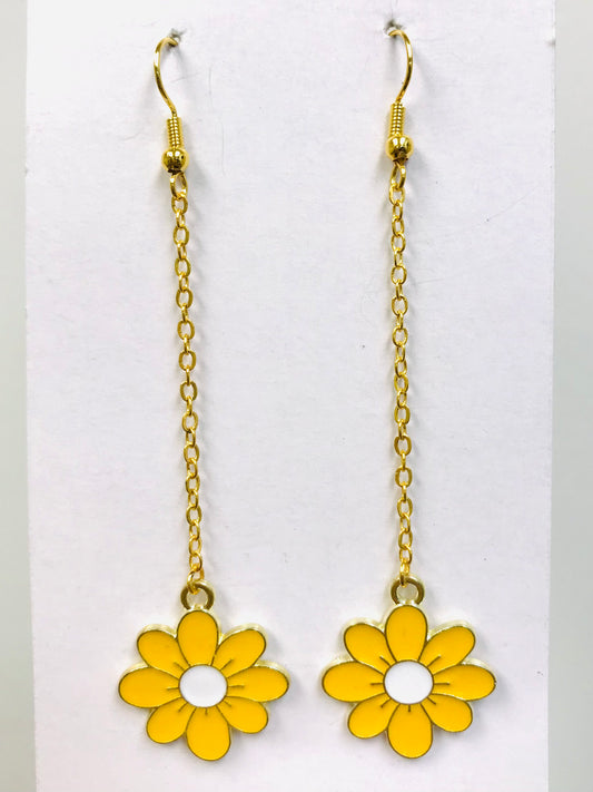 Yellow Long Dangle Cherry Blossom Daisy Flower Earrings